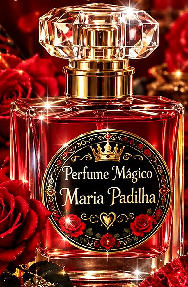 Frasco de cristal do Perfume Mágico de Maria Padilha, com líquido vermelho e rótulo preto com coroa dourada